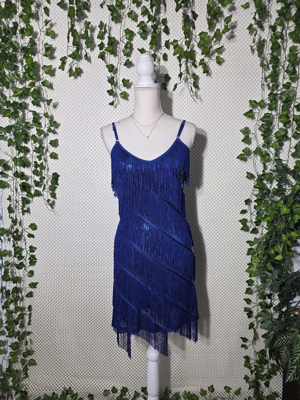 Blue Fringe Slip Dress with Sequin Accents